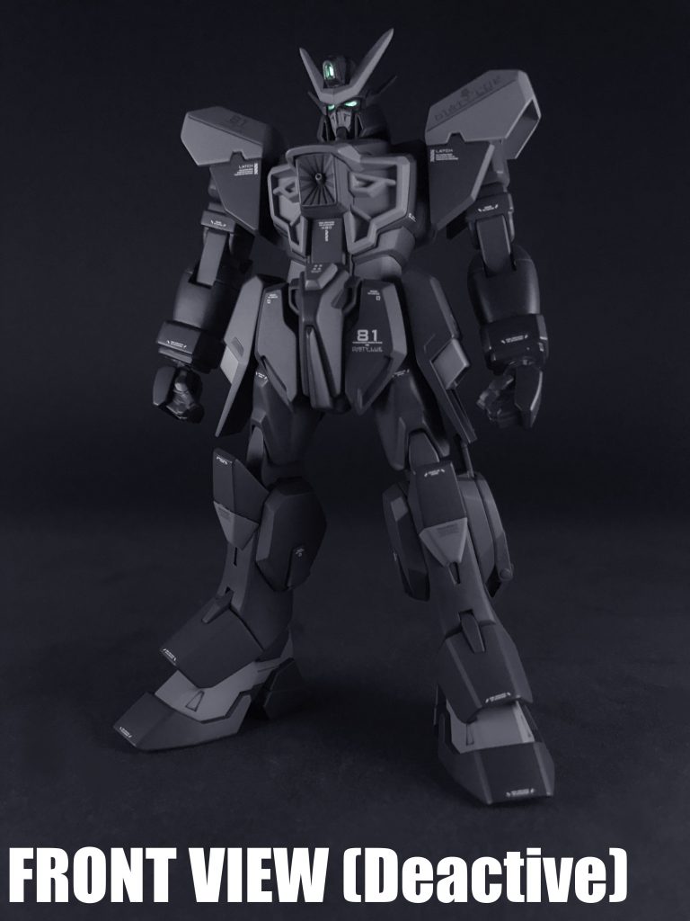 「カラミティR」の¨R゙は「リビルド=再創造」の頭文字になります。ネーミングの法則性は「ストライクガンダム」と「ストライクE(エンハンスド)」の関係性と同様です。
装甲材質を後期GAT-Xシリーズの特徴である「TP装甲」からC.E.73年当時流行の「VPS装甲」へ変更し防御力の向上を図っています。そのため、待機時には「ディアクティブモード」になります。(VPS装甲=バッテリーの許す限り、物理攻撃をほぼ無効化する装甲、PS装甲の発展型、TP装甲もその一種)※画像は編集しています。