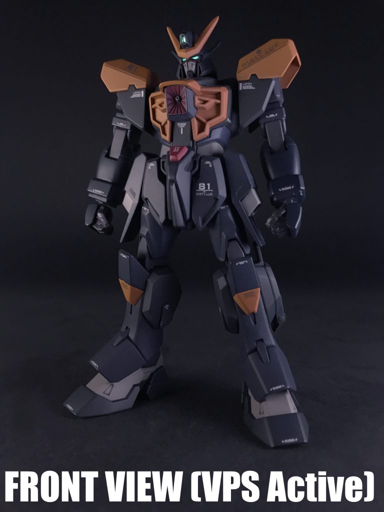 「VPS装甲」への変更にあわせ、可動時間延長の為の強化バッテリー「パワーエクステンダー」を搭載しています。「パワーエクステンダー」搭載型の連合製MSの共通の特徴としでベース機と比べ機体色が黒ずむ゙という設定があります、それになぞらえてカラミティの機体色をダークトーンとしたものを「カラミティR」の機体色に設定しています。