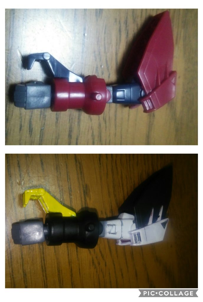 エピオンの腕の塗装
基本は黒白で爪の部分を黄色にしました
ウイングガンダムの爪が黄色だったので合わせてます
画像有りませんが、シールドは赤白に塗りました
これだけ塗装したのは久しぶりかも

こちらも画像有りませんが、F91の方は上下半身の接続が球状であるので、ウイングガンダムの接続形状の穴棒に合わせて、球を削って棒状にしました
これが一番手間だったかも

完成した作品は市羽華麗さんに渡しました
彼女の誕生日は四月、一ヶ月遅れの誕生日プレゼントとして、先日渡すことが出来ました
新型コロナの影響で会う機会がなく、解除のタイミングで何とか会えました

彼女がTwitterで画像付ツイートしてくれて嬉しかった
気になった方は要チェックです！