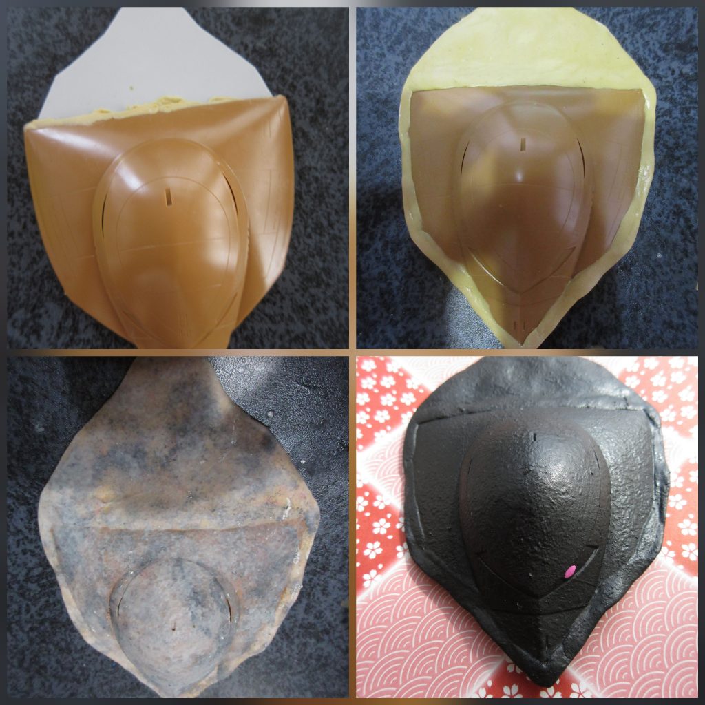 勢いで作ったので形が少しいびつですが、プラバンで延長、エポキシパテで成形、ごまコーティングを表現する為ときパテで鋳造表現、後は塗装して完成です。