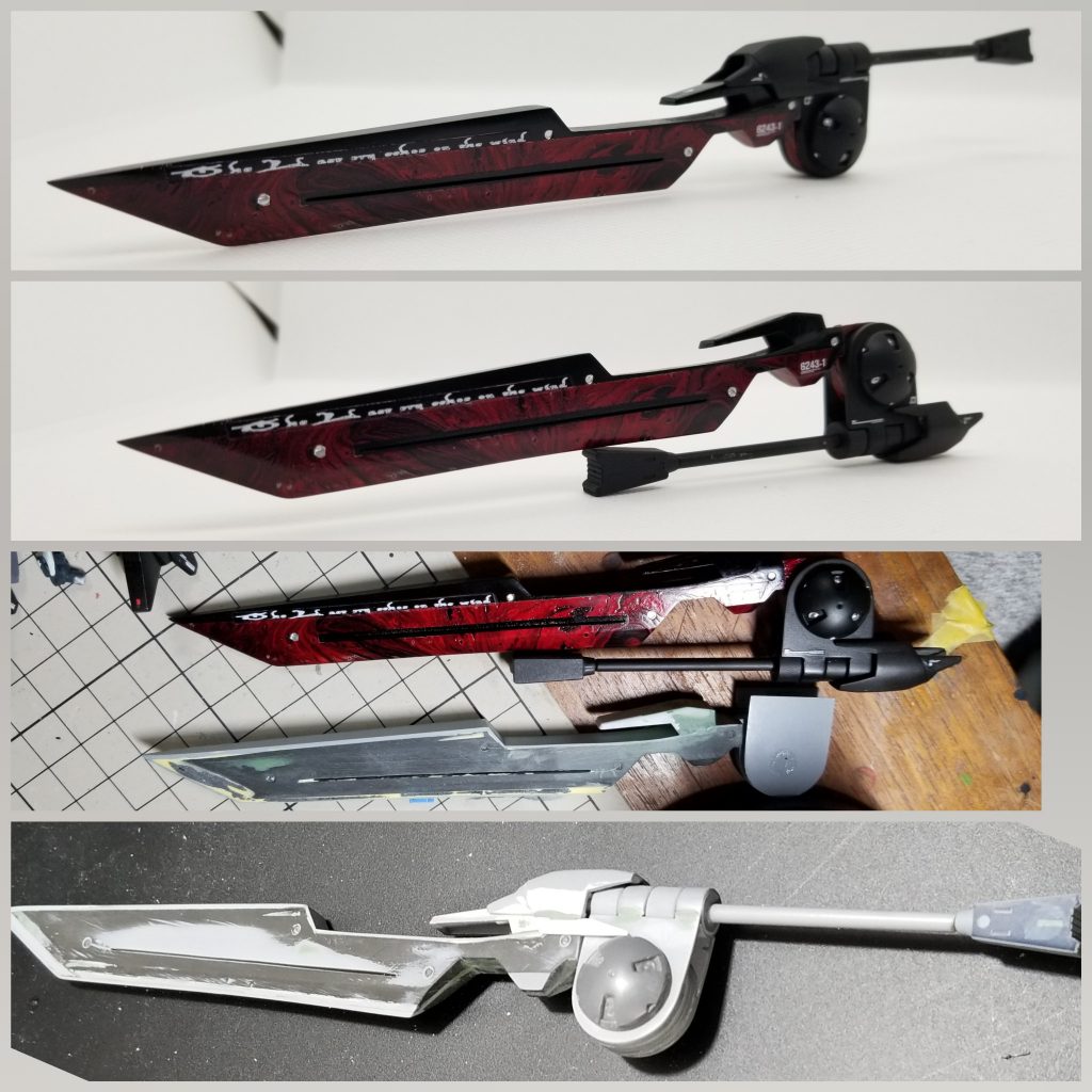 今回のメイン装備である(Painkiller)です。初めてのマーブル塗装＆クリアレッドを使ったメタリック表現に挑戦してみました。いい感じの禍々しさになってくれたと思います。イメージソースはご存知グランドスラムです。ヘルムヴィーゲのヴァルキリアバスタードソードを半分に切っています。