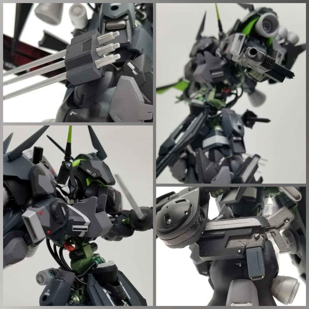 サブ武装1：バーストサーベル。ガンダムヴィダールの使用するものと同様の武装。脚部バインダーに格納されている格闘兵装。密集したエリアでの小回りの効く剣である。刃の部分は相手に突き刺した後、切り離して爆発させることにより通常の剣よりも格段に大きなダメージを与えることが可能である。サブ武装2：ハンドガン。射程は短いため、近距離での牽制に使用する。バーストサーベルの反対側脚部ホルスターに懸架している。(マガジンは2つ作成し、短時間での交換を可能にさせるよう2つを上下逆に連結させました。またマガジン内の銃弾部分は真鍮線を削って作ってみました。)