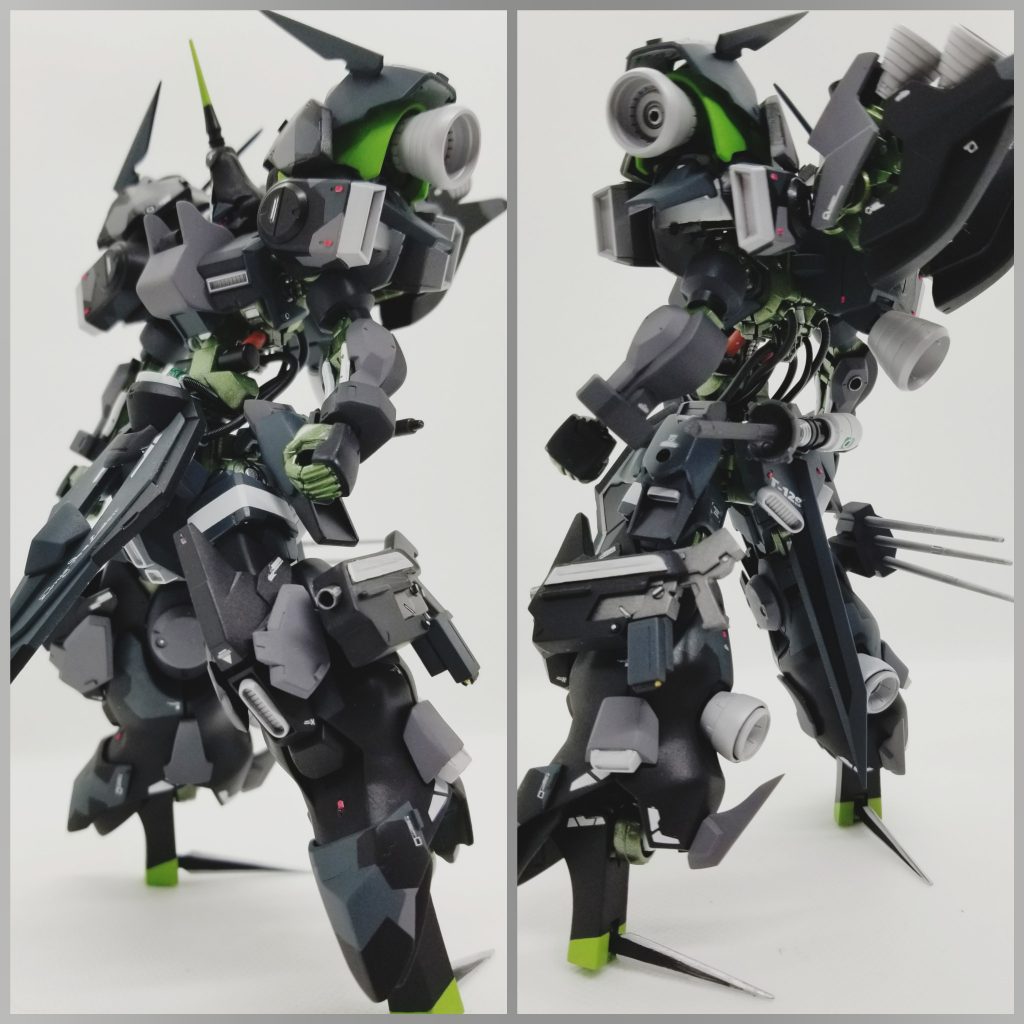 足についてはヒールのみの変わった設定にしてみました。ガンダムヴィダールのガンダムフレーム足部分の踵側を前後逆にして、プラ板で作成したパーツを差込んでいます。元の爪先側は切り落としました。ハンターエッジをスキッドとして利用することにより、自立可能です。