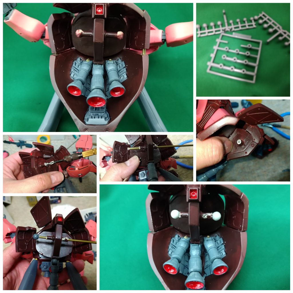 股関節はレジンパーツをニッパーでカットしてピンバイスで穴あけ真鍮線を通しVOLKSのMMジョイントを使い補強。