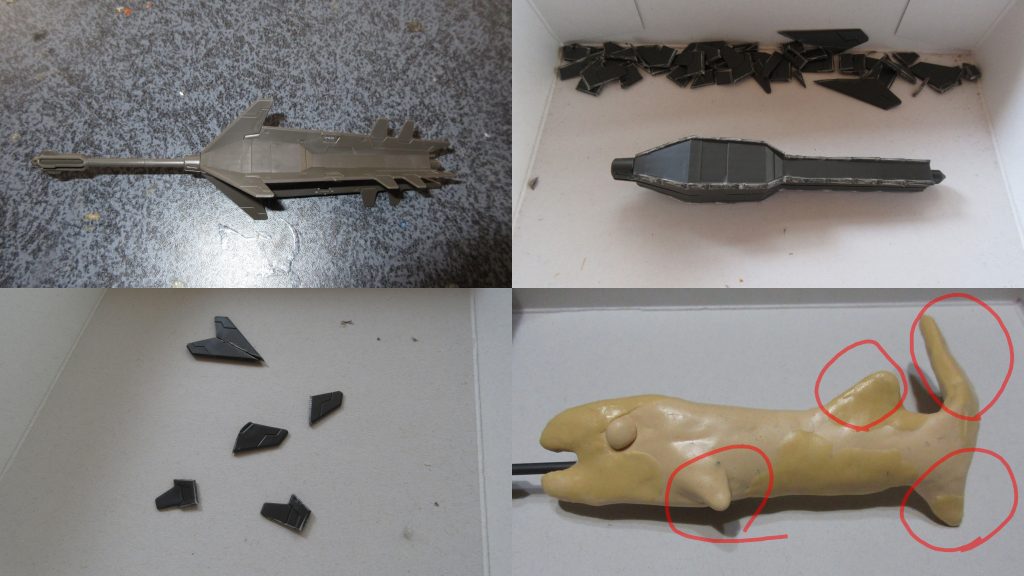 メインである鮎型メイスの作成。メイスを大胆にカット、カットする際に一部の破片は大きめに残して、赤丸で囲んだヒレ部分の心材として使用してパテ成形。