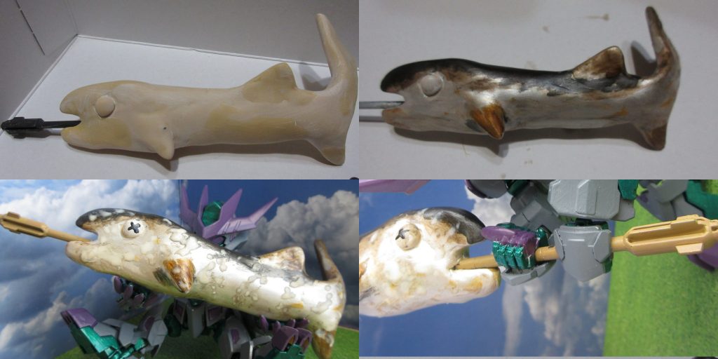 やすりがけで形を整え、塗装。焼き色をつけるためにウェザリングも施してます。最後に塩をイメージした溶きパテを表面に施して完成です。メイス本来の伸縮ギミックも残したまま作成してます。