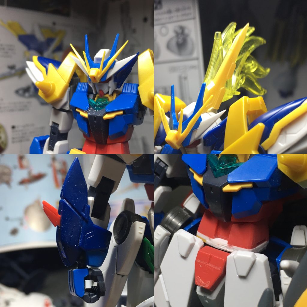 頭部、ウイングゼロEW.創傑伝のジャンク。肩、ウイングゼロEW.ジャスティスナイト。
腕、ウイングゼロEWを使っています。
腹部はプロポーションが悪かったので延長して調整してあります。