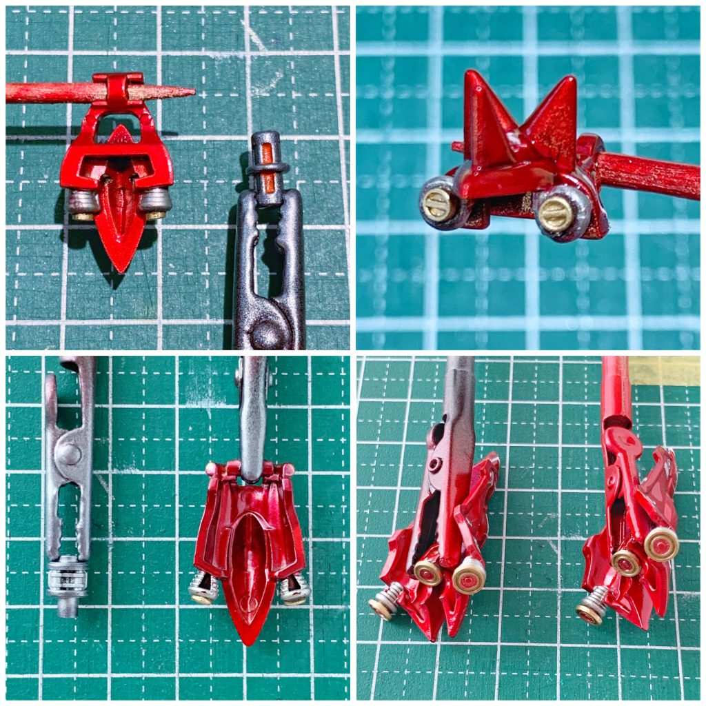 肩部スパイク付アーマーとサイドスカートには、アニマギアの余ったジョイントやWAVEのUバーニア【丸】Mを追加して裏打ち代わりに。各部バーニアには、コトブキヤ M.S.G マイナスモールドⅡやUバーニア【丸】Mを貼ってお手軽ディテールアップ。【Before & After】