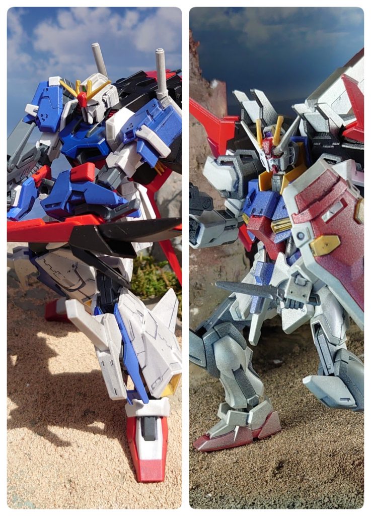 ニコイチ兄弟機体。最近は二つのキットを合わせ、二つの機体をつくることにハマってます。間接軸とか色合いとか、下調べが楽しい。