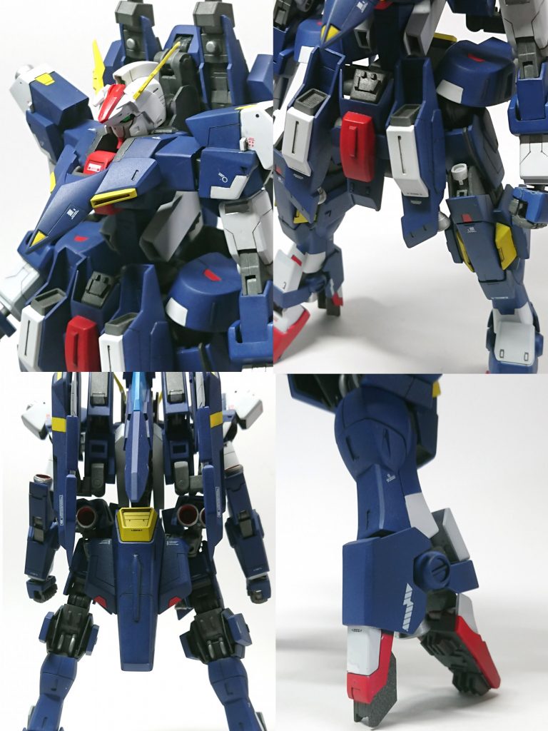 左上:バストアップ。頭部はMSGの頭部セットを改造。外装の一部とアンテナが変形時に可動します。
右上:腰部、膝。膝にはビームサーベルをネオジム磁石で格納。
左下:背面・バックパック的なものは無く、スタビライザー兼ビーム砲兼機首とウィングバインダー(武器をマウント可能)が占めます。バーニアは足裏やフロントアーマーにあるから背中に無くてもいいのです。
右下:足裏ディティール作るの楽しいです。そしてハイヒール好き。