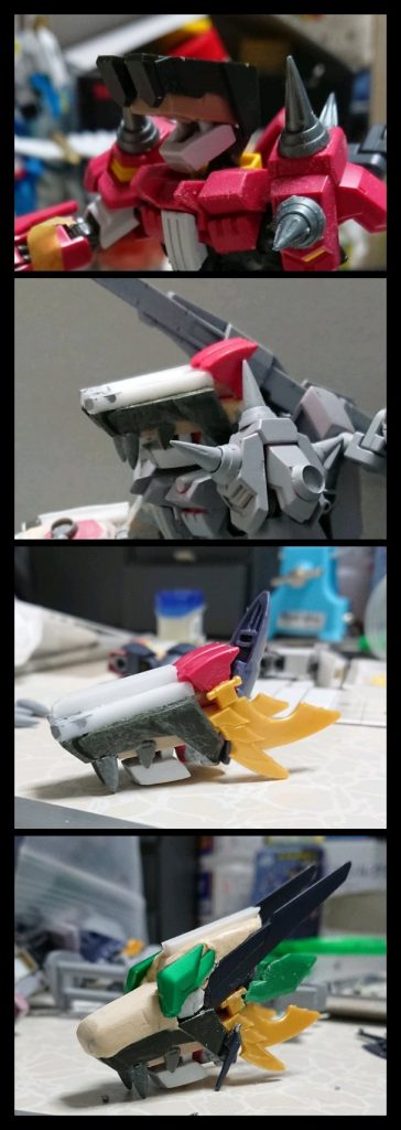 最初に頭部は口を少しでも動かせたらと思い、リベイクフルシティの足を使いました。
そこから元ネタ要素を出せないかとノープランでペタペタしていった結果、ちょっとボリューム感が増してしまいました。
ここで使われたのはマーズフォーウェポン、RX-零丸 神気結晶、バクゥ、MSスパイクあたり。