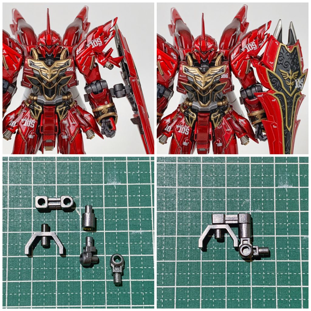 シールドは、腕の向きを右腕と揃えたままで機体側面にできるよう、コトブキヤのフレキシブルアームAを使用して干渉回避と可動軸追加による表情付けを可能にしてみました。