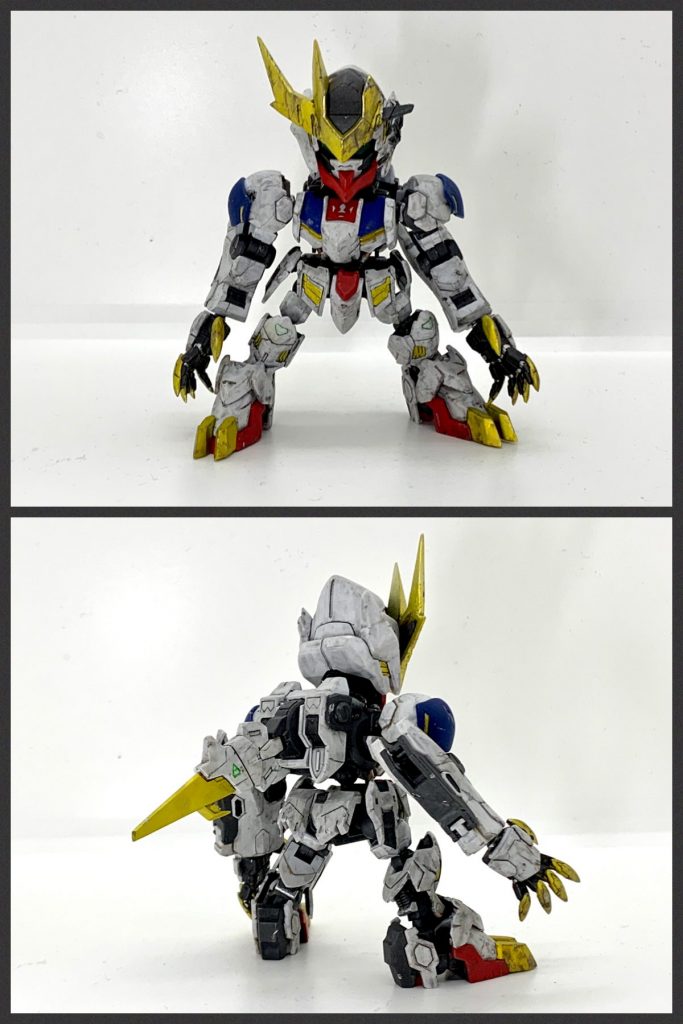 白背景で正面と斜め後ろ。白背景だと汚れが際立ちます。
折れた角の裏にガンダムフレームの角を作ってあります。見えないけど右側も。