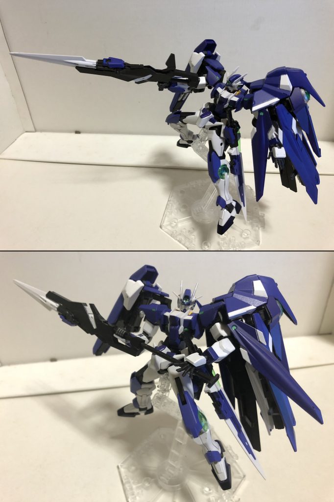 主武装のGNソードランス。ビームマシンガンを内蔵した遠近両用の突撃槍。ブレード部分は射出可能で、特にトランザム時にはダインスレイヴ級の破壊力を持った質量兵器となる。ぶっちゃけバスターソードの先端部分の代わりにGNソードⅡを張り付けただけだったり…ライフルモードのグリップとランスモードの柄は伸縮式(…という設定だが実情は差し替え式だったり)