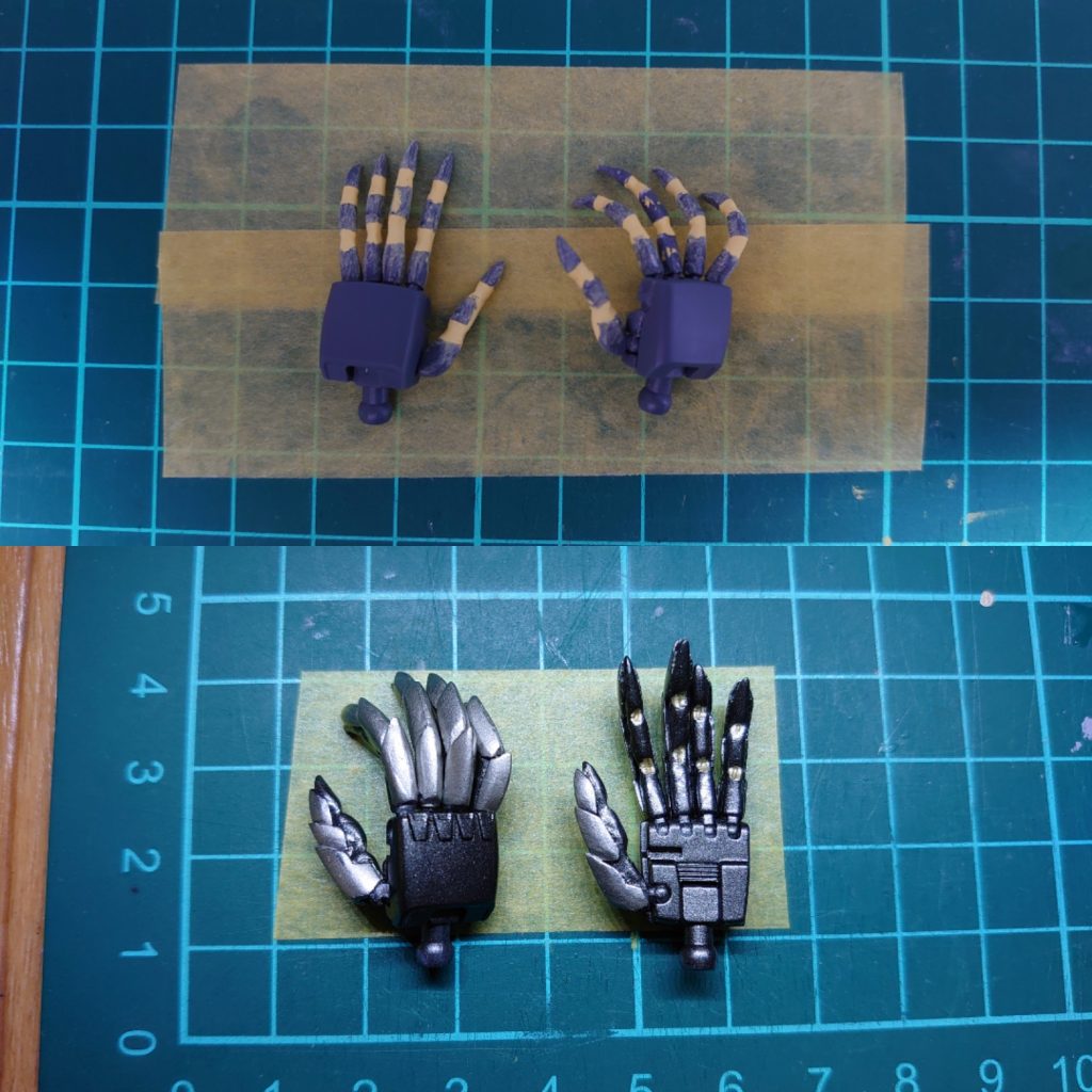 指は関節で切り離し、0.5mm線で延長、表情を付けてからパテ盛り、成型、パテで制作した装甲?を取り付けました。