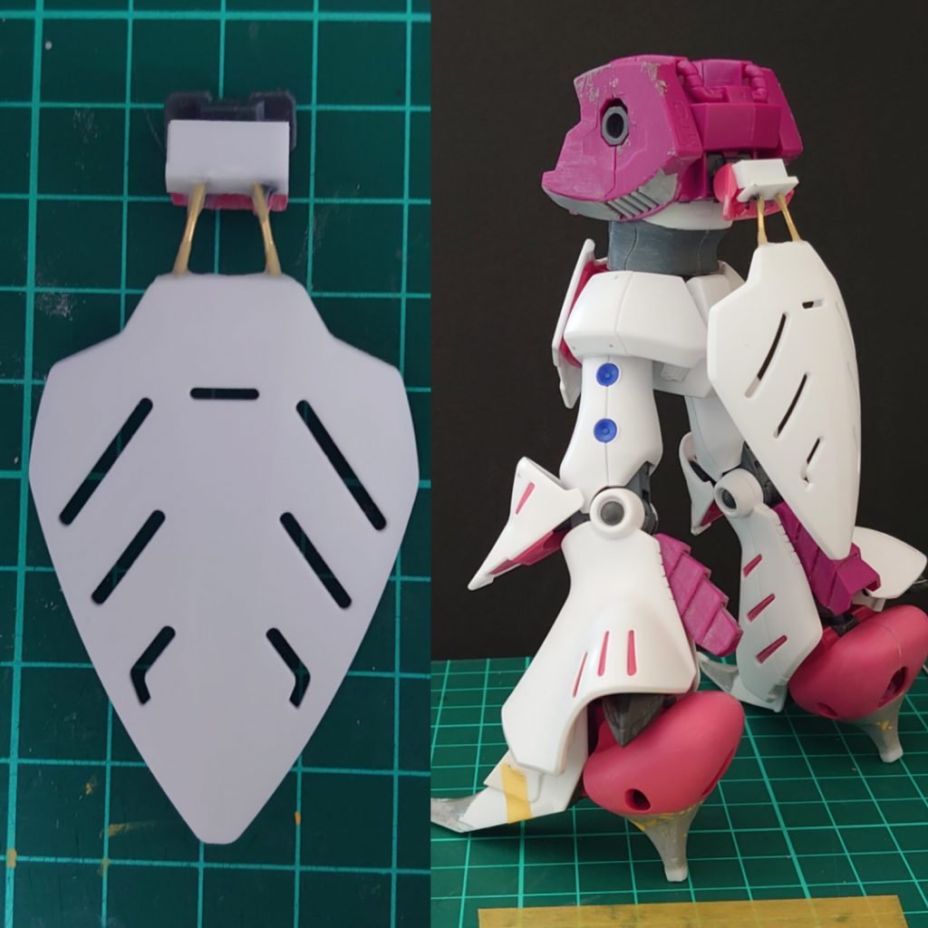 ファンネルコンテナは腰部延長に伴い、下方に約10mm延長、真鍮線で固定後パテで成型、ディティールもパテから削り出し取り付けました。