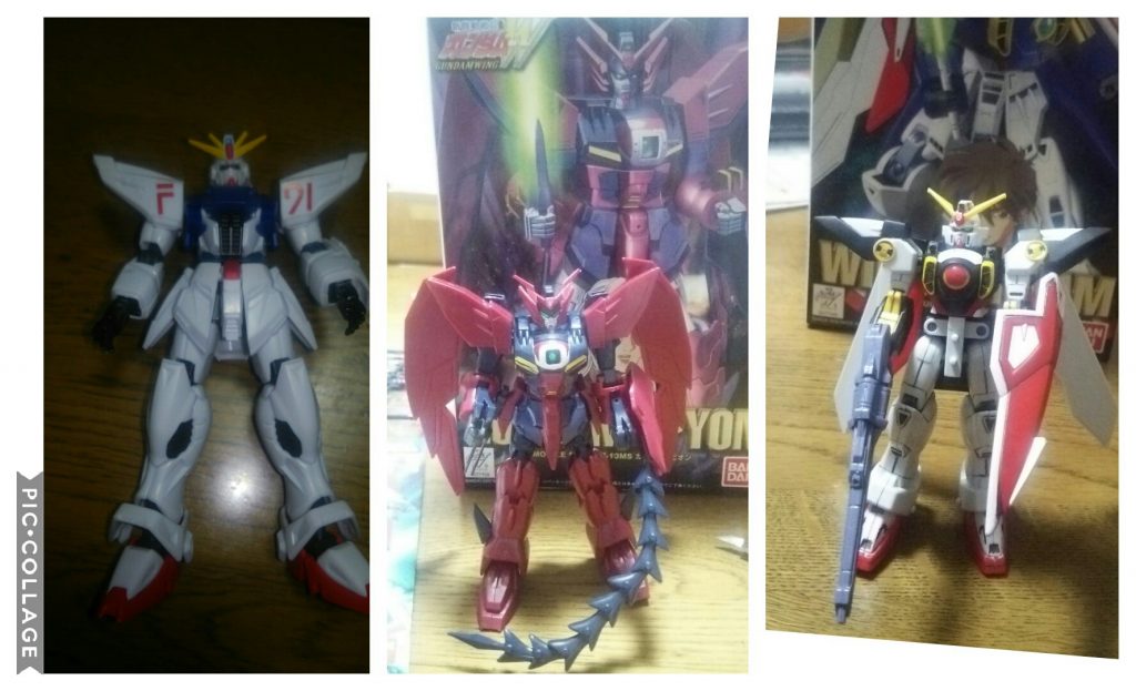 それぞれを組み立てたところ
この時点ではミキシングするつもりなく、ウイングガンダムの黒バージョンを作るつもりでした(笑)

エピオンは腕を、F91は下半身を使用してます