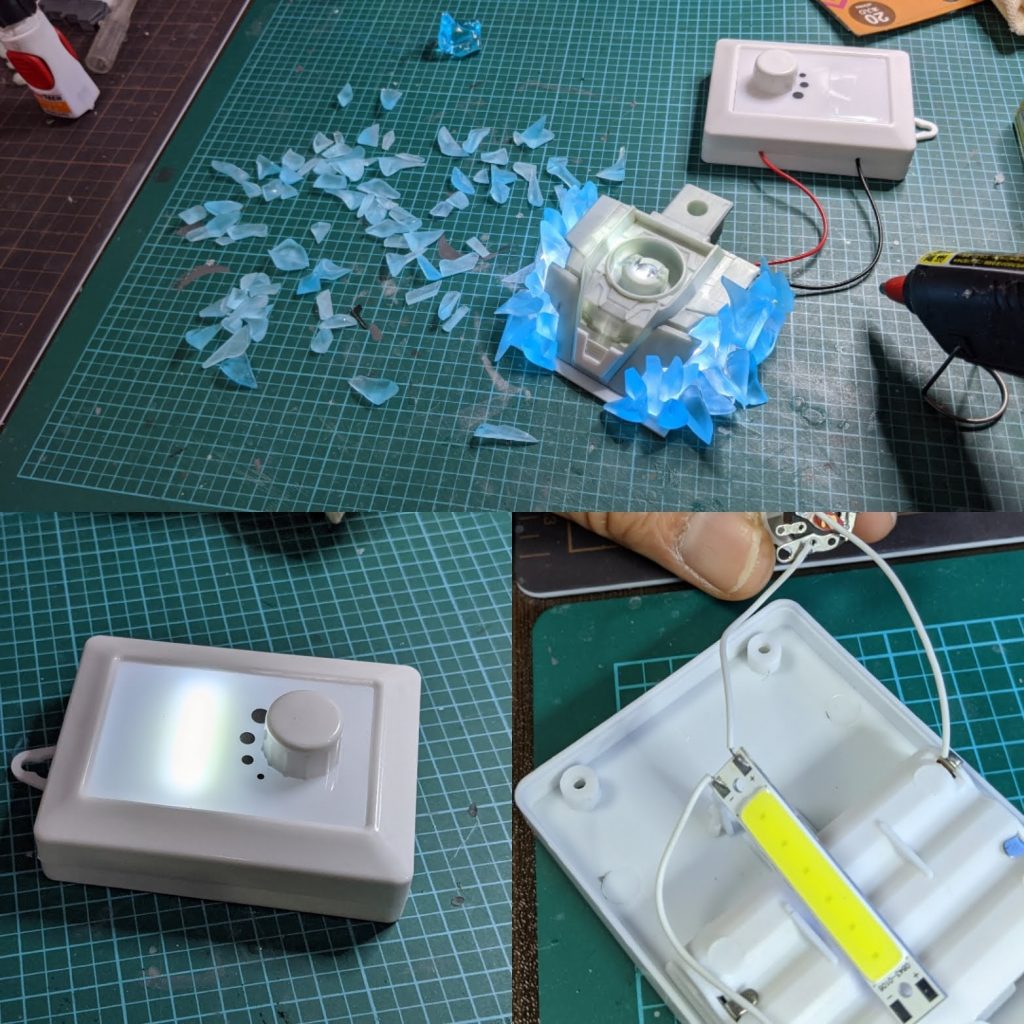 結晶体ぽく見えるようにグルーガンで接着しました。いびつな形なので、自由度が効くグルーガンでの接着はかなり助かりました。
LEDは100均で売っている調光付きの物を使用しました。明るさの調節も出来て便利です。