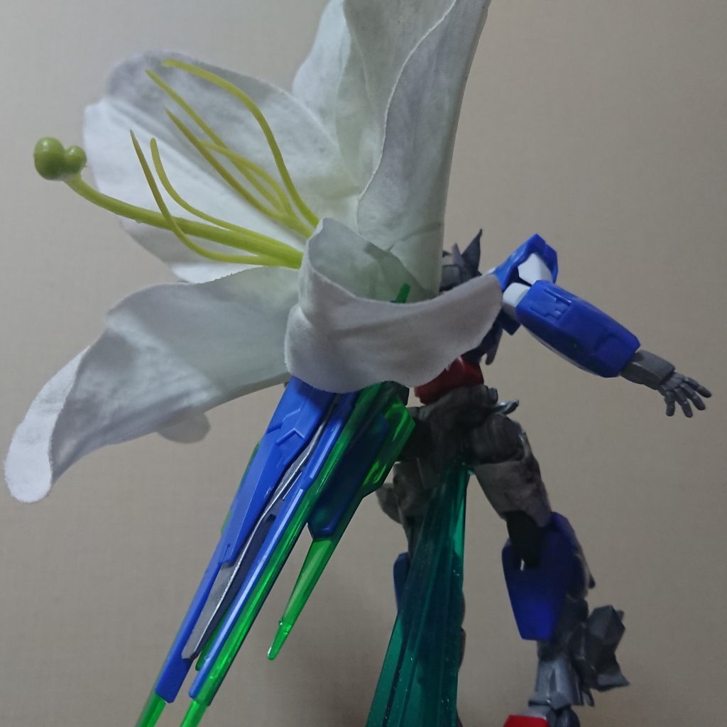 【誰もが………幸せを目指してるはずだ……】

 背中の花は、百均で確保…ガンダムOOでマリナ様が送った花を思い出して、対話の象徴を表してみました。

 バインダーとGNソードビットは腰に固定…ダブルオークアンタ要素を残しながら、ELSとの対話を果たした感じですね～