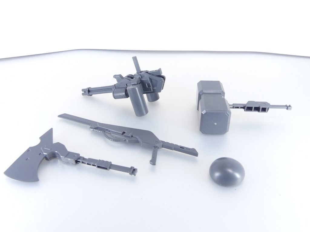セット内容。・アックス・ロケットハンマー・ヒートカッター・ビームガトリング・HGBF ハイモック用ブランク頭部パーツ