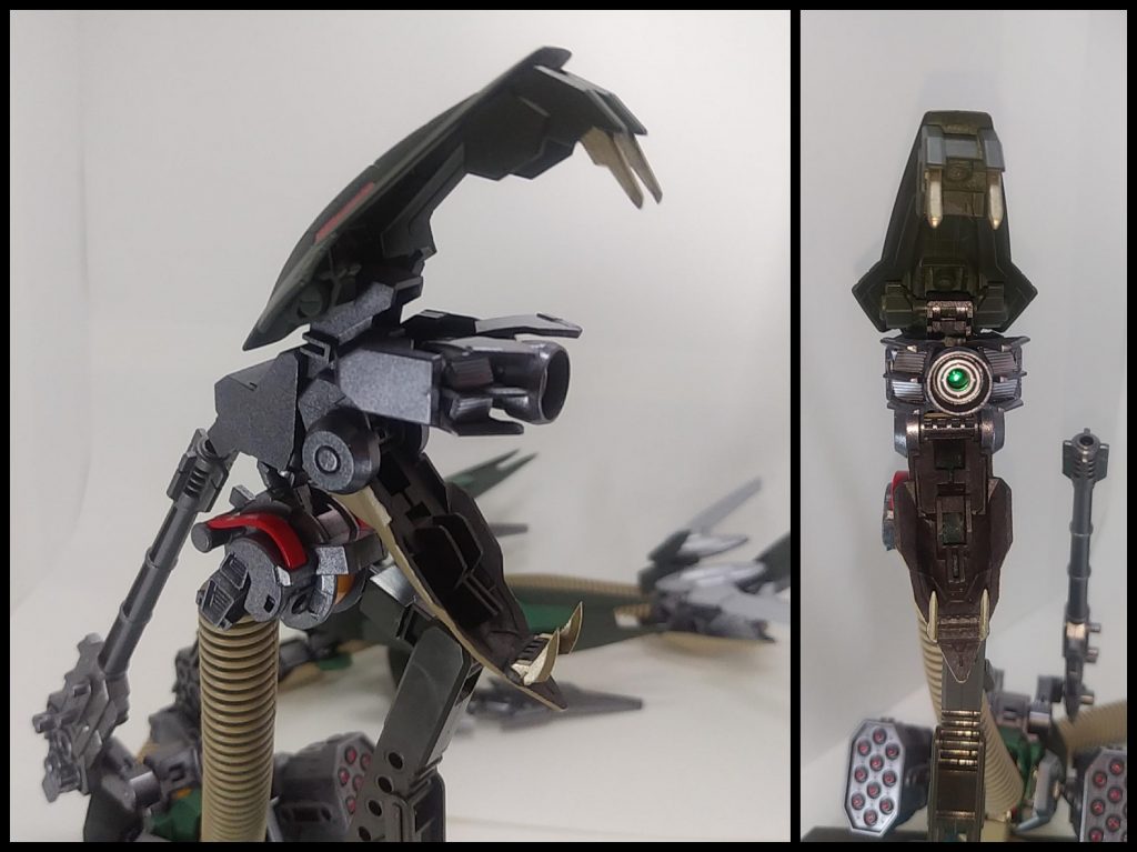 兵器解放マシンブラスト！大気中の荷電粒子を吸入、加速して打ち出す超兵器、荷電粒子砲!!
ではなく･高出力拡散ビーム砲 (メガ粒子砲やビームライフルも荷電粒子砲の一種らしいですよ)ナノラミネート装甲を無効化する対MS兵器と連携する事で威力を発揮する。
蛇のように口が「ガバッ」と開くようにしたら荷電粒子砲を付けたくなってしまいました(^-^;)土台は脚のバーニアをそのまま使ってます。砲身はレギンレイズジュリアのリアスカートのバーニアを使ってます。内部にラピーテープを貼ってUVレジンを盛ってます。砲身の両サイドはグリムゲルデのリアクター脇のダクトパーツを使ってます。