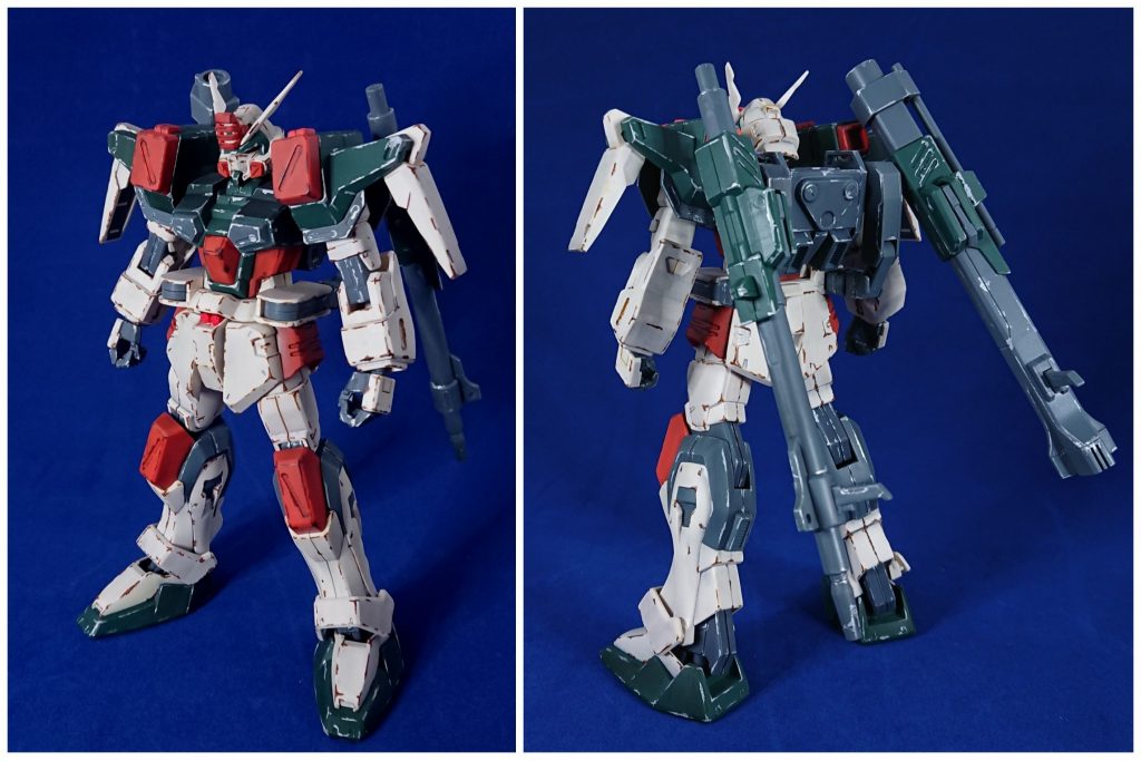 バスターガンダム本体ですが、あまり大それた加工は行っていません。手を加えたとしたら腕の合わせ目消し、足や肩などの合わせ目をデザインナイフを使ってV字になるようにしたぐらいです。出来る限り簡潔に作ろうと思っていたので(eyebrow)