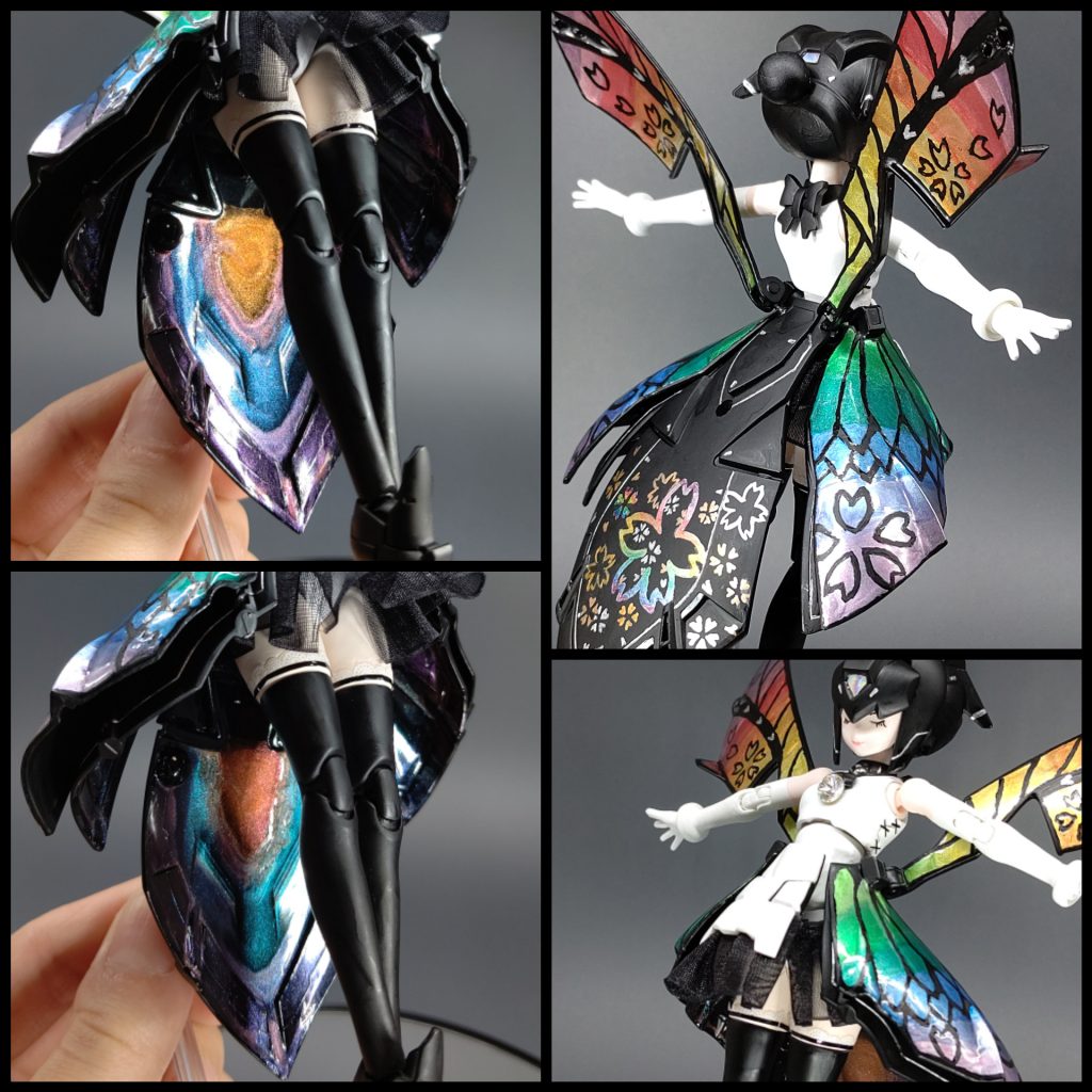 あとは、見えない部分のアップ。
スカート裏?部分には、クリア+偏光パウダーのグラデーションを施してあります!
これが、なかなか上手く塗れて、しっかり偏光してるのですが、普通には写真に写らない(´TωT`)
太もも部分のチラ見えとか…。個人的にはお気に入り部分だったり(///ω///)♪