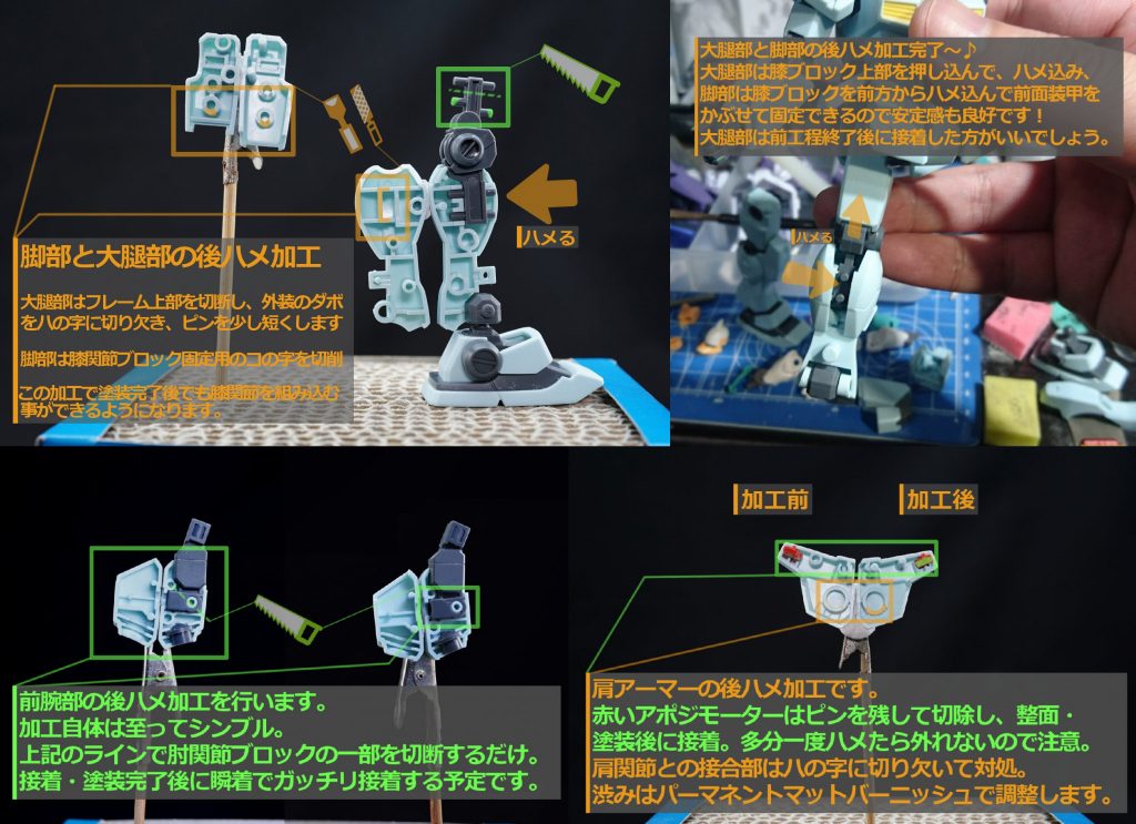 ## 各部後ハメ加工
脚部は後ハメ加工を施す事を前提にした設計なので、工作としてはかなり簡単な部類。
前腕部は腕部の固定用ブロックを切断して後ハメ。
塗装後接着すればいいので気楽です。
肩アーマーもハの字に切り欠いて後ハメ。
保持力がかなり低下したのでパーマネントマットバーニッシュを塗布して対処。