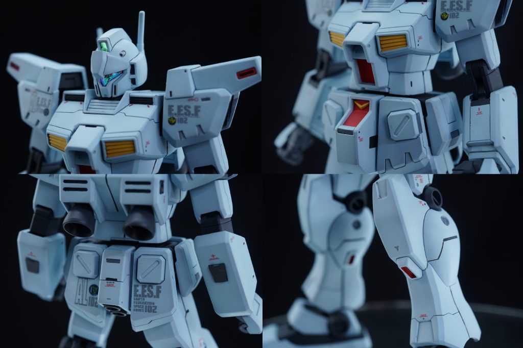 ## 各部のアップ
頭部はマイナスエッジにスジボリを入れて立体感…というか別パーツ感を出すように彫り込んでいきました。
胴体部は一番時間がかかったパーツですね。
ここもカトキ成分を加味しつつ、ジム改、パワードジム、ガンダムver.kaとのつながりを意識しながらパネルラインを彫り込んでいきました!
腹部も底面で1mm延長
腕部も上腕側面や前腕部にスジボリを入れたり段落ちモールド彫ったりして