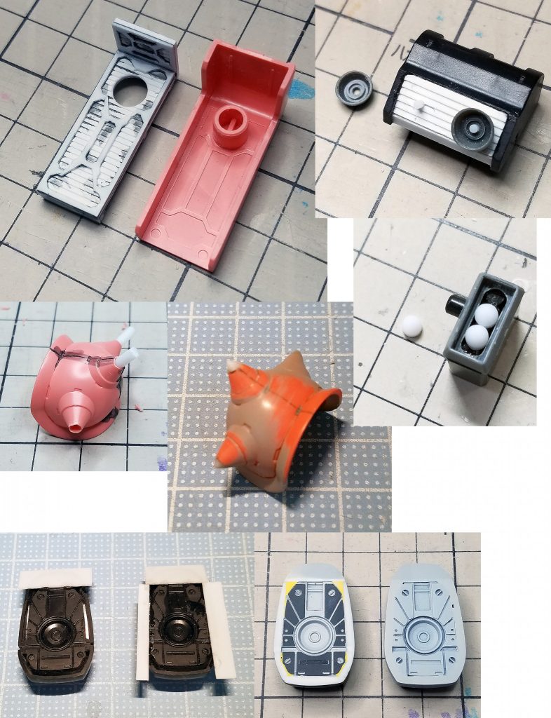 目立つ肉抜き穴の処理は
・シールド裏 → プラバンで内部を自作
・手首 → ビルドナックルに交換
・足裏 → プラバンにて
・後頭部 → スリットプラバンにて
・ミサイルポッド → スリットプラバンにて

角はプラバンで大きくしました

スパイクは、穴を開けてからプラ棒を接着し、整形し尖らせました

バックパックのバーニアは別パーツにし、基部はスリットプラバンにて

ミサイルポッドのミサイルは塗り分けのため、プラ棒削り出しで別パーツ化


概ねプラバンにてサクッと加工してます(*´∀｀*)