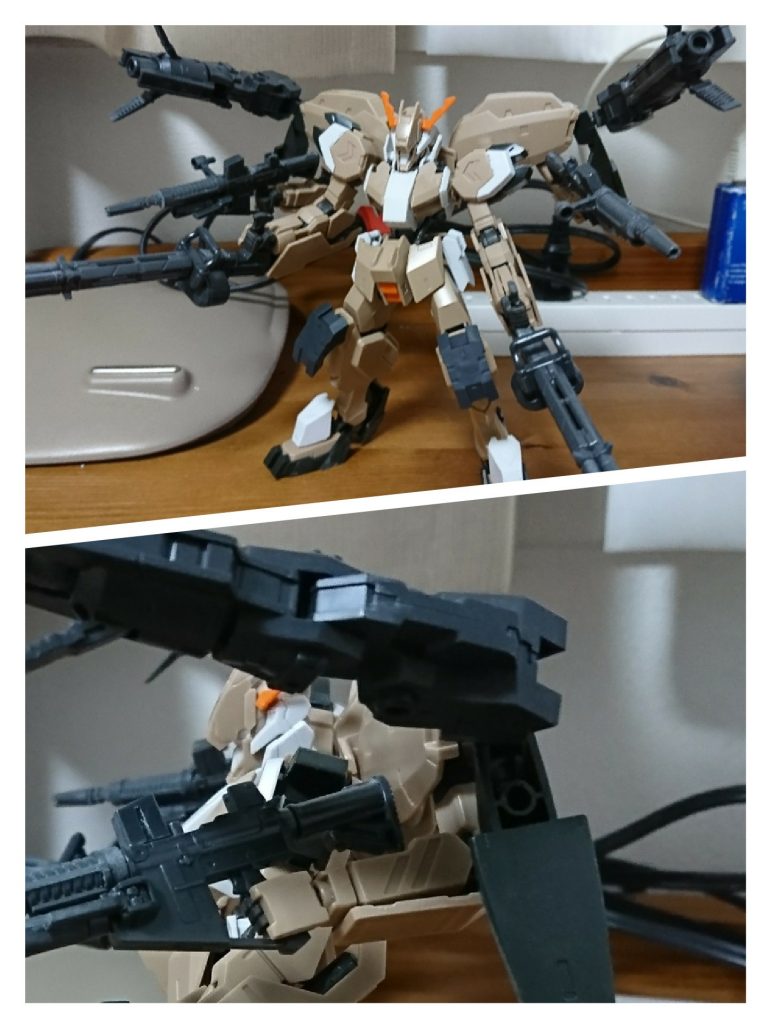 素組状態
ガドリングとマシンガンはガンダムベース限定のウェポンセット。肩と膝にくっついているのは30MMのマルチブースターユニットです。肩のシールドを取り付ける穴に無改造で取り付けられました。