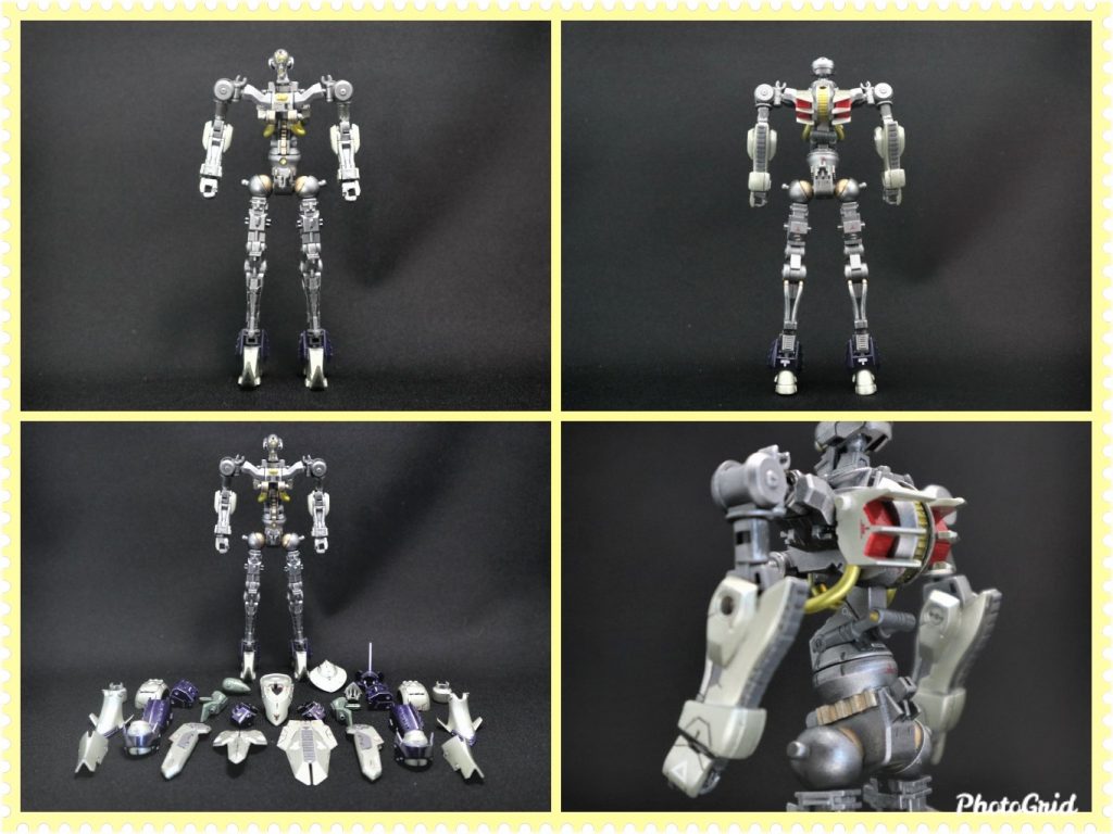 小さい画像ですが、フレーム画像フロント&バックショット。フレームとアーマーのスタティックディスプレイ。腰部分の延長工作と胴体接続部のパイプは、プラ棒とパイプでスクラッチし、少し可動します。