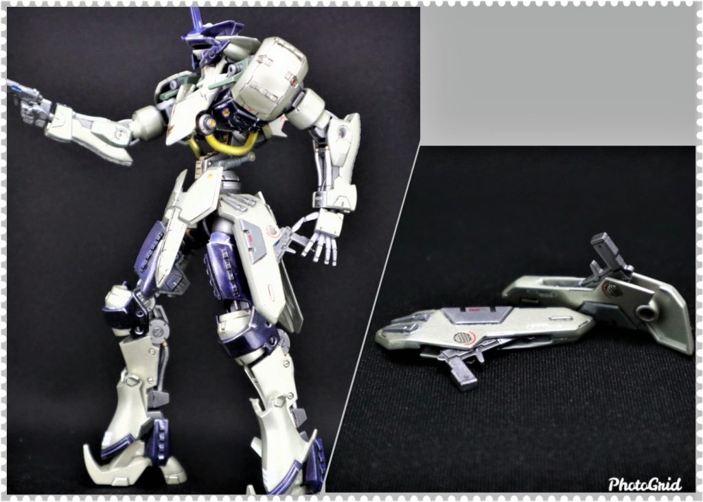 グリムゲルデの特徴的なサイドスカート(足付け根のアーマー)を加工してハンドガンホルスターにしました。自分でも満足のいく加工ポイントです。