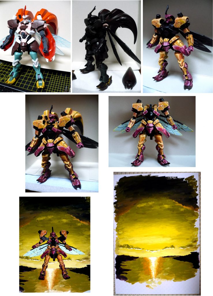制作、塗装過程の画像です。
上段左・パーツを組んでみた状態です。カッコよくなりそうな予感がしました。
上段中央・黒サフを噴きました。
上段右・様子見で赤部分~下半身から塗り始めました。
中段左・赤とオレンジ部分を塗りました。
    オーラコンバーターも塗ると雰囲気が出ますね。
    ただ、広い面積を塗るのは大変なので何となく塗ってみました。
中段右・後回しにしていた羽部分を淡い色合いで塗りました。
    この羽部分の筆塗りが一番地味に辛かったです。
下段・レプラカーン旧キットのボックスアート背景っぽいものを描きました
   約40分くらいで仕上げましたが、それっぽくなったかと。
   海面に映る光の線が微妙に中央からズレている適当クオリティ。
今回の筆塗りで何となくですが表現の仕方が判ってきたような気がします。
昨年、GBWCファイナルに残ったアトラスガンダムよりも
巧く筆塗り表現が出来るようになってきました。
(約1年経過してますけど)
最後までご覧いただきありがとうございました。