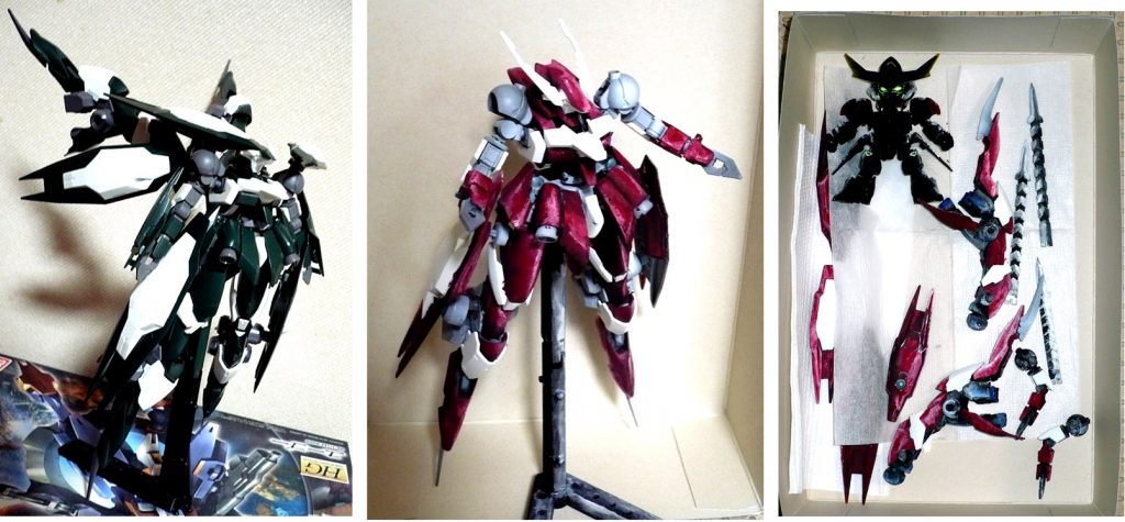 今回はパーツをバラバラにして塗装していたので
普段の紹介している塗装の画像がありません。

左画像・塗装前状態。バランスを見てOKを出しました
中画像・白サフを噴いた後に赤部分だけを様子見塗装
右画像・筆塗りが７割程進んだ状態。
　　　　SDバルバトスルプスを大きさ比較の為に置いてみました。

独特なシルエットのレギンレイズジュリアに手を加えるのに
悩んだ結果…２キット分で簡単に組んだだけですが
筆塗りしてみて想像以上にカッコよく仕上がったと思います。
個人的にですがとても満足しております。

最後までご覧下さりありがとうございました。