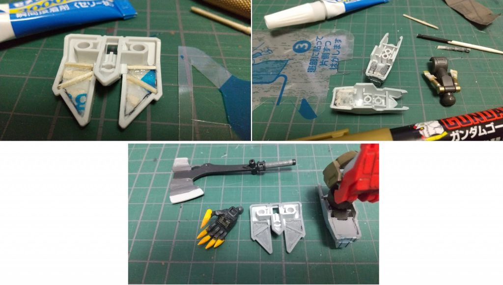 改修２．腰アーマー裏の作製

ちらちらと見える部分なのでふさぎます。
例によってロキソニンのフィルムですが、今回はランナーではなく爪楊枝を使いました。


改修３．踵アーマー裏（表？）の作製

ガッツリと見える部分なのでふさぎます。
例によってロキソニンのフィルムで以下略


改修４．シリンダー基部切り込み

腹部中央のシリンダー基部と中央のパーツが繋がっていたので、切り込みを入れて離しました。
鉄血1/144の定番工作ですね。

バルバトスに似合うかと思い、グレイズリッターに付属していたバトルアックスも塗装してみました。


みなさま、大変な時期ですが、引き続き一緒にガンプラを楽しみましょう(^_^)/