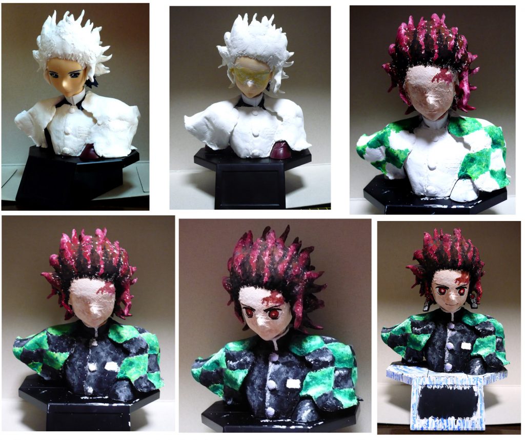 ナンバーを入れ忘れましたが
左上から~右下に工程・塗装の様子一覧です。
アスラン元々の顔だと彫りの深い顔つきなので
(目、瞳にもディテールが入っているので)
2枚目の画像時点で目元をパテで埋めています。
Gレコのマスクっぽい顔だな~と思いました。髪形も。
むしろ、ソチラにしたら再現度が上がったかなぁ(´・ω・`)
筆塗りの厚塗りで表現しようと思ったので
粘土の表面処理も甘くしてしまいましたが
もう少しだけでも丁寧に仕上げればよかったです。