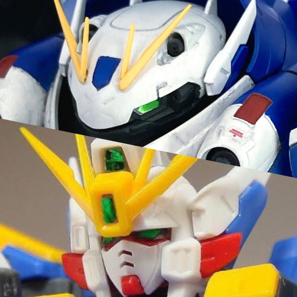 頭部はRGウイングガンダムEWのツノと頬の部分を加工して移植しました！
目は付属のシールの上からクリアグリーンフィニッシュを貼ったらいい感じになりました✨