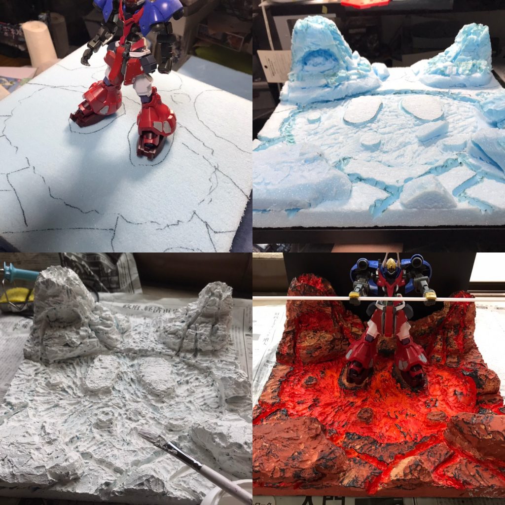 以下、制作過程等。
台座の溶岩は、スタイロフォームをハンダゴテやカッターで加工してベースを作成。下地剤としてジェッソを塗布した後、アクリルガッシュや水彩絵の具で彩色。溶岩部分はジェルメディウムを塗布して艶出しをし、乾燥後に更にリアルタッチマーカー(オレンジ)を塗って奥行きのある表現を目指しました。