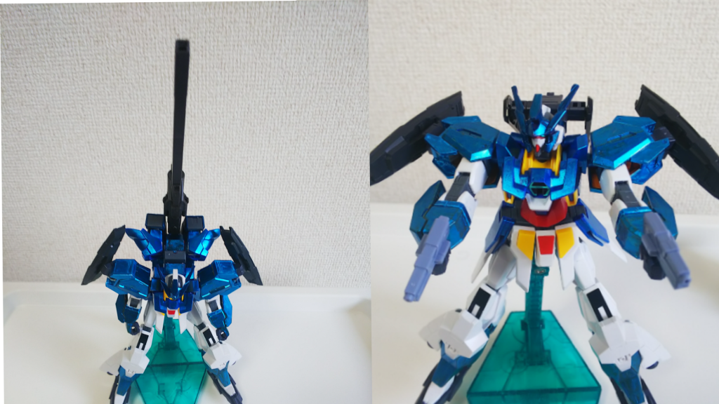 AGEⅡマグナムSVの様にバックパックにもアタッチメントがあるため、オプションを搭載可能。
ストライダー形態では腰のブースターに干渉するため搭載できません。
写真は作成中のオプション。
左が長距離砲撃用、右はショートビームガン搭載用。