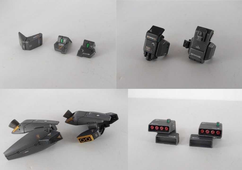 取り外した各アーマーです。右腕アーマーはエコーズコンロイ機に付属するビームサーベルを出力できるアーマーをベースにしています。スタークジェガンの腕部アーマーとガッチャンコできるように加工しました。脚部アーマーにはジャンクパーツよりスラスターを追加しました。地上で運用した場合、これによりホバリング移動も可能。なーんて感じの妄想。