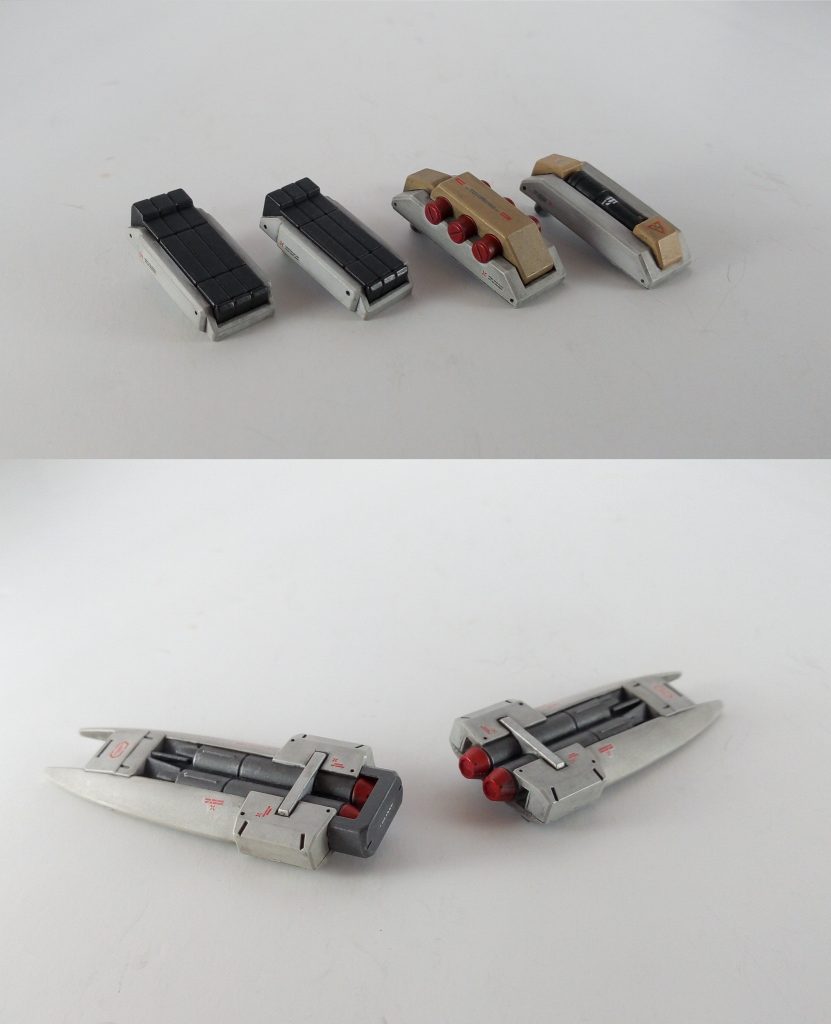 腰部オプションです。ビームライフルマガジンラック、ハンドグレネード、ビームサーベルマウント、ジムIII大型ミサイルです。スタークジェガンCCA-MSV Ver.にはどうやらビームライフルをマウントする腰部オプションがあるみたいです。再販しないかなぁ~…