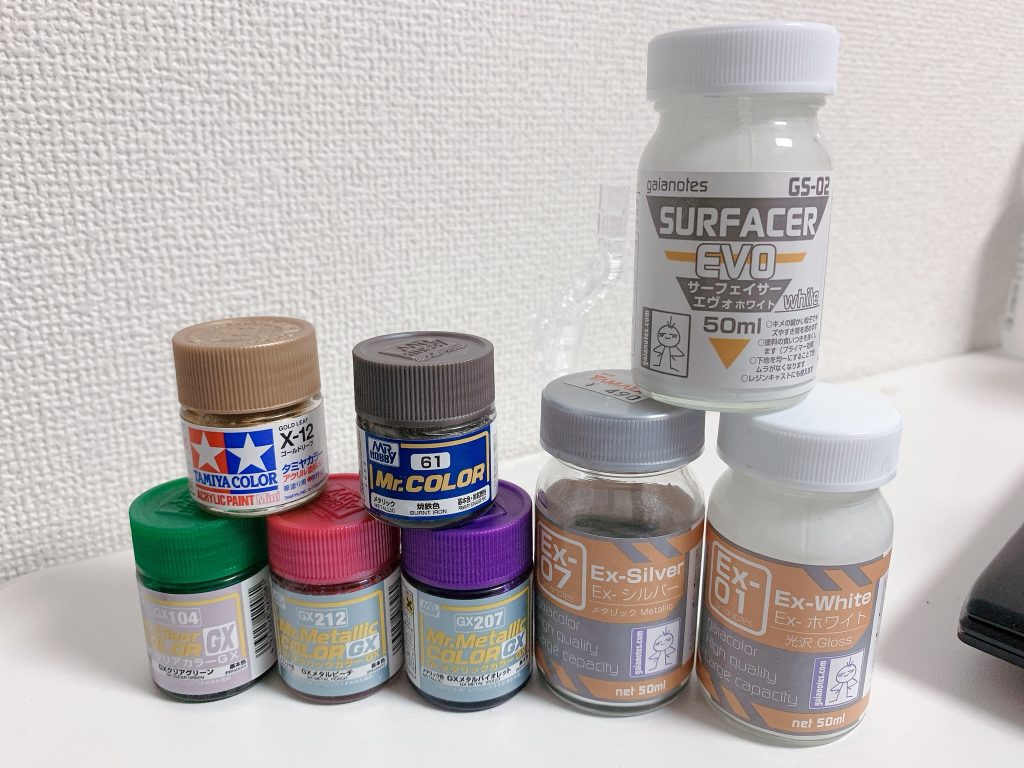 ちなみに使ったカラーはこんな感じだったと思います(＾ω＾)

もう、ファトゥムはメタルバイオレットにしようって決めてたので満足。
ガイアのカラーも好きですがメタリック系はゴールドシルバー以外はミスターカラーの方が好きで重宝させてもらってます。