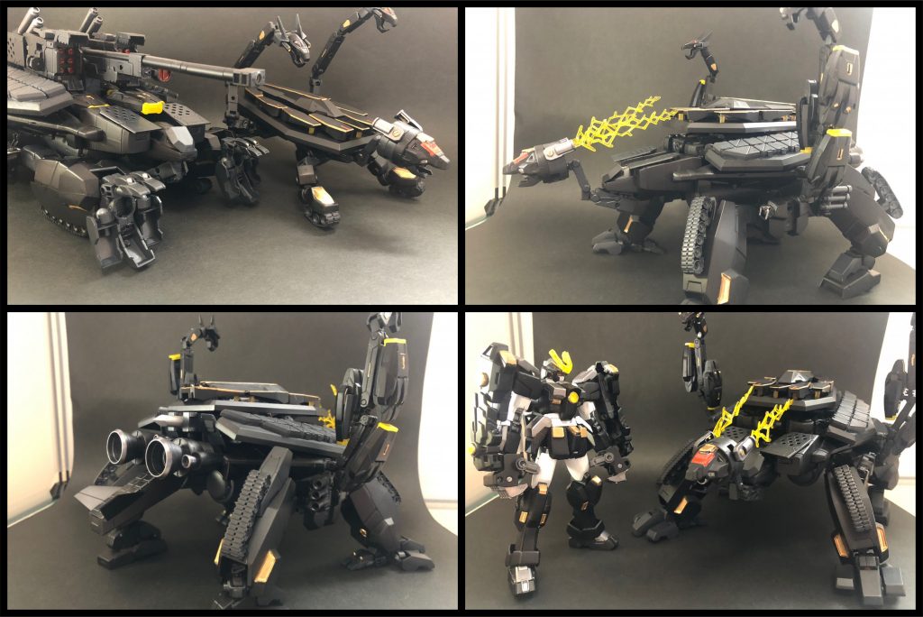 合体前と、別角度から+クロガネとの比較。
全高はそれほどでもないですが、横幅は100均製の撮影スペースでギリギリはみ出るほどデカいです。
ちょっと大きいリアル亀と同じくらいかもしれない。
そもそも合体前の時点で小さめの亀くらいの大きさではありますが…。