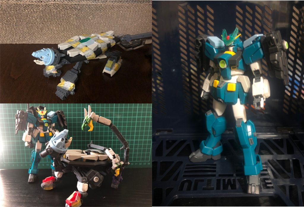 製作工程、本体。
マッチョな感じを出すため二の腕をAGE3に変更。
何故か腕をビルドストライクに変更(シールド接続用の穴があって、適当に四角いやつを選んだのかも)。
その他本体はほぼレオパルドダヴィンチです。
色々いじってみたんですが、結局腕以外はダヴィンチで落ち着くという。完成度高いですよねダヴィンチ。
あとは追加装甲としてジャンクパーツを貼り貼りしています。
角は、コトブキヤMSGのエグゼニスウイングのクリアパーツを(恒例の)レジン複製→クリアイエローで塗装しています。

続いて製作工程、ゲンブ。
最初に亀型になった状態とほぼ完成した状態。
この後、背中に盾兼大砲を背負って現在に至る…はず。
プトレマイオスアームズの機首部分が、亀の顔に見えた事が全ての始まりでしたw
SEED系HGによく付属してたスタンドを甲羅に見立て、玄武の画像とにらめっこしながら形作っていきました。
あとは甲羅の模様になるようなビットの並べ方とか、大盾への変形とか、本体との合体とか(これはボツになりましたが…)、色々試行錯誤を繰り返した覚えがあります。

蛇は一瞬で出来ましたけどね笑


…

…

ここまでご拝読ありがとうございます。
よろしければ評価お願いします(＞人＜;)
ご意見ご感想もお待ちしております！


ところで、
なんかいつもよりボリューム少なくね？とお思いのあなた。
安心してください、まだ続きがあります！(いつものこと)




ゴゴゴゴゴゴゴゴ……。