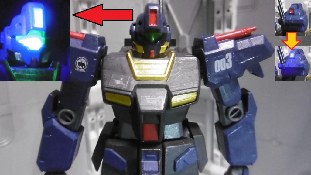 *ヘッドビーム砲*。量産型ＺＺの簡易ハイメガキャノン風に。後頭部も同様で、後方に不意打ち小型ビーム。
本機は実弾が頭部バルカンしか無いビーム偏重機体なので、エネルギー消費を抑えるために出力は低め（簡易ハイメガよりも低い）の設定。
ゼロ距離～近距離戦用の兵器で、射程が伸びる毎に低威力化。