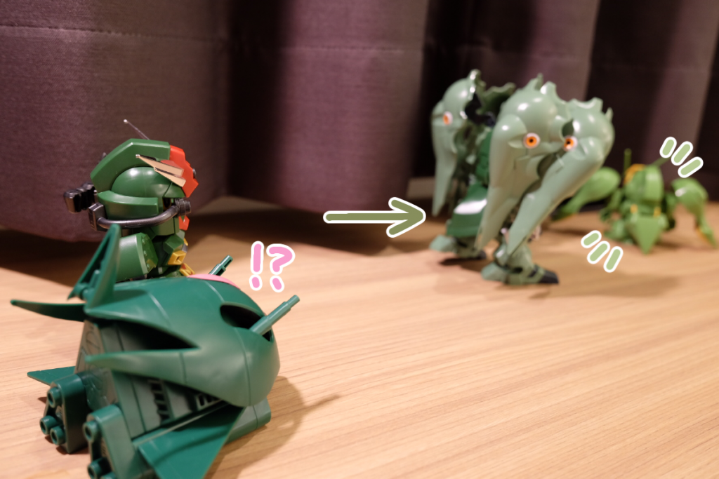 コマンド:はじめてオレら以外のモビルスーツに会ったから、聞き込みしてみようかなって
あの子:また緑色なの?