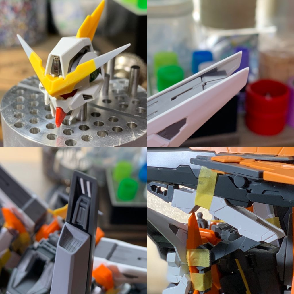 主な工作ポイントです。
頭部アンテナ延長
先端を5mmカットしプラ板を10mm接着し形を整えて延長しました。
肩アーマー先端シャープ化
先端を少しヤスリ1mmプラ棒を接着してから整えました。
GNキャノン発射口のディテールアップ
合わせ目を消した後くり抜きパチで埋めスリット入のプラ板でフタをしました。
アームはザンライザーのアームを使用し接続部を調整しました。
閉じている時に重みで開いてしまうので中にマグネットを仕込んでいます。