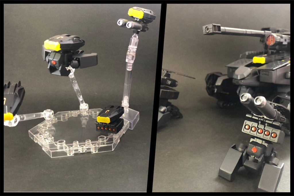 マインプラウは独立してサポートメカ(飛行型or歩行型)に変形。
砲塔から武装を回して攻撃したり、シェルビットを接続し補給役としても活躍する。
ジェルビットは補給用のビットだが、マインプラウ同様に武装を積んで攻撃することも可能。
何気にマインプラウ、子亀感があって好きです。
それでは合体してもらいましょう!
ゲンブ、レイキ、合体シークエンスに移行します。