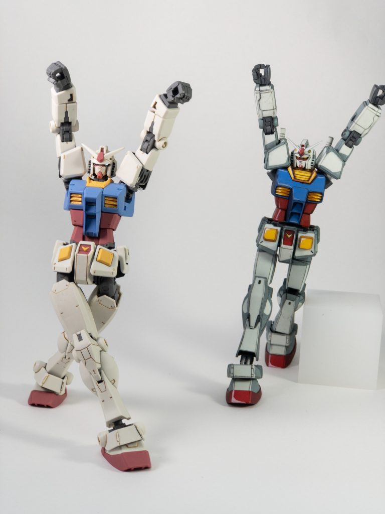 まずはウォーキングで身体を温めましょう。
両手を上に掲げ、息を吐きながら大きく大地を踏みしめます。
生徒としてイラスト風塗装の実験台にされた、HG リバイブ ガンダム君にも来て頂いています。彼はまだ身体がガチガチのようですね、無理のない動きでやっていきましょう。